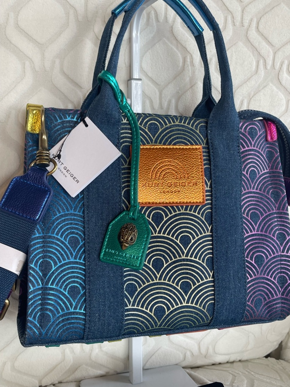 NEWKurt Geiger Small Tote Denim Satchel with Blue, Teal, Purple and Gold Accents